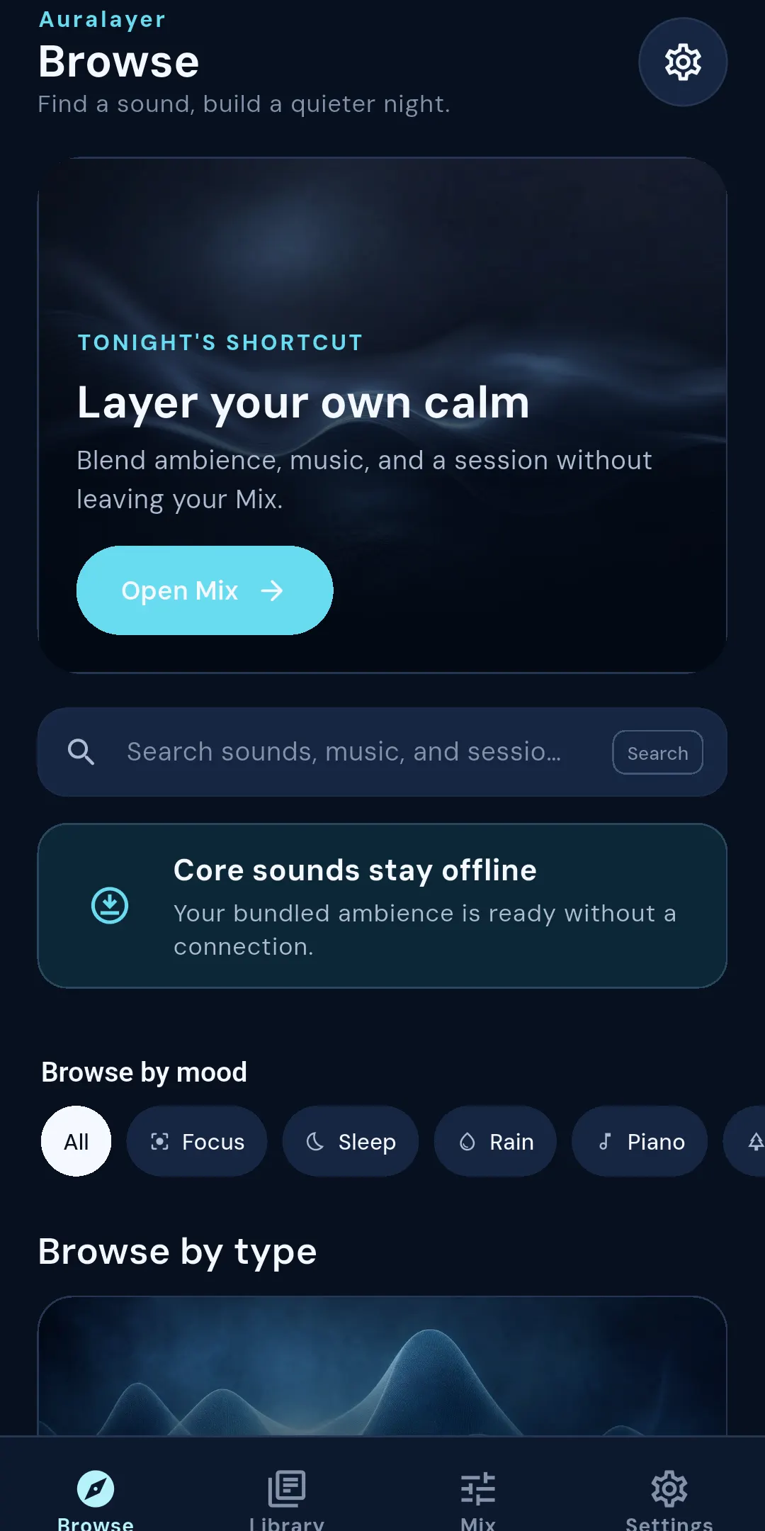 Auralayer Browse screen with a shortcut, offline notice, mood filters, and Browse by type