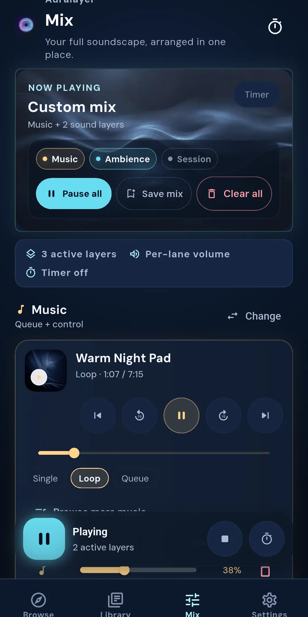 Auralayer Mix screen showing a playing mix with Music, Ambience, and Session lanes