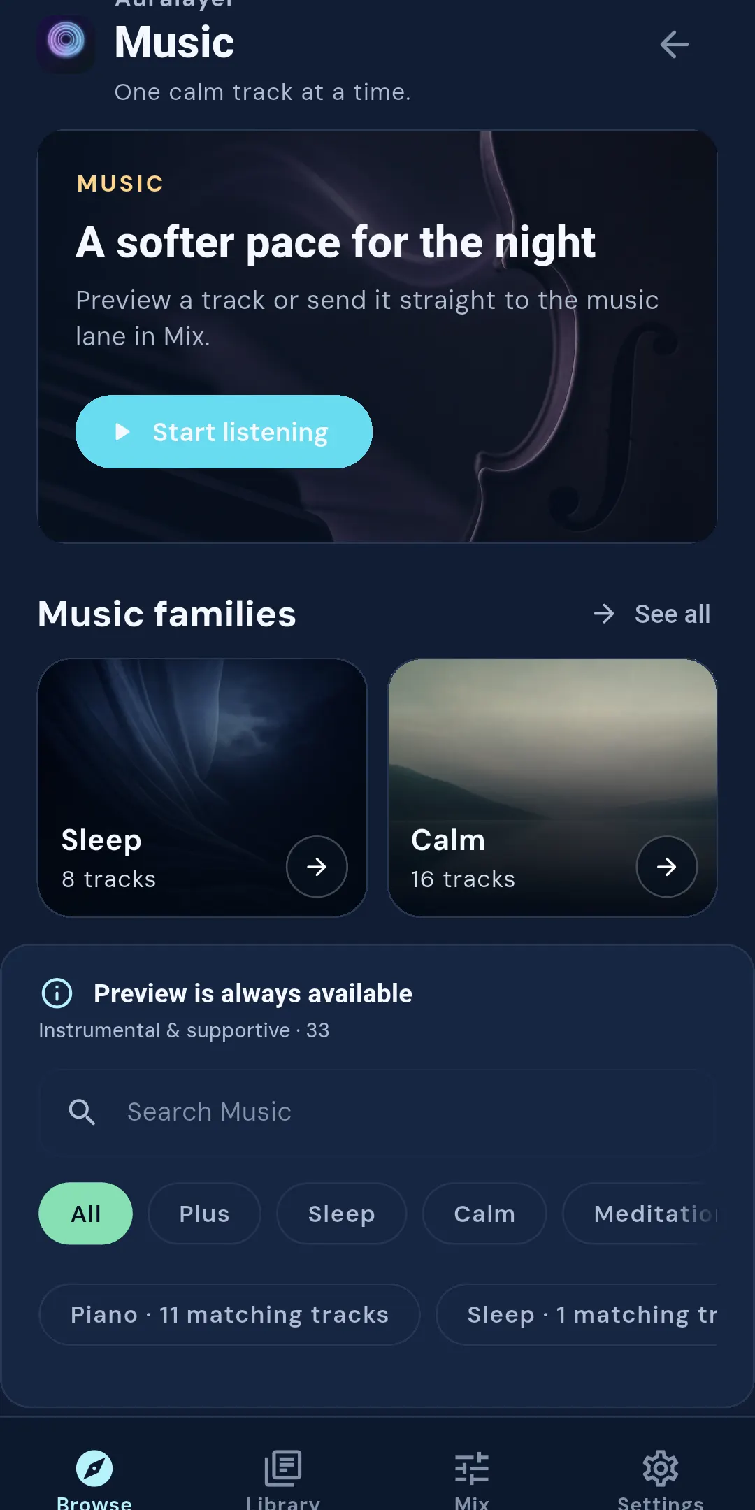 Auralayer Music screen showing music families and search