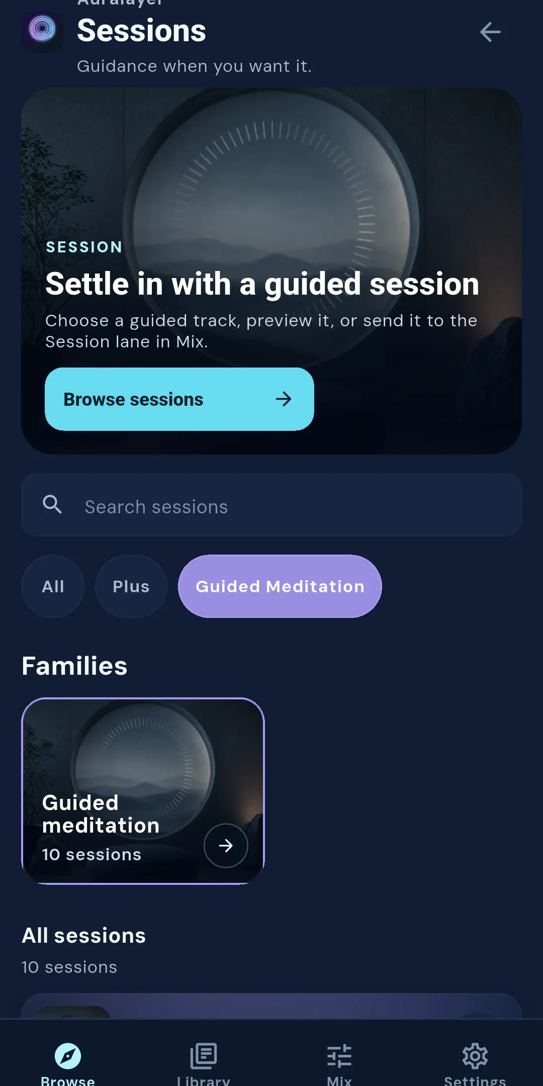 Auralayer Sessions screen showing guided meditation families
