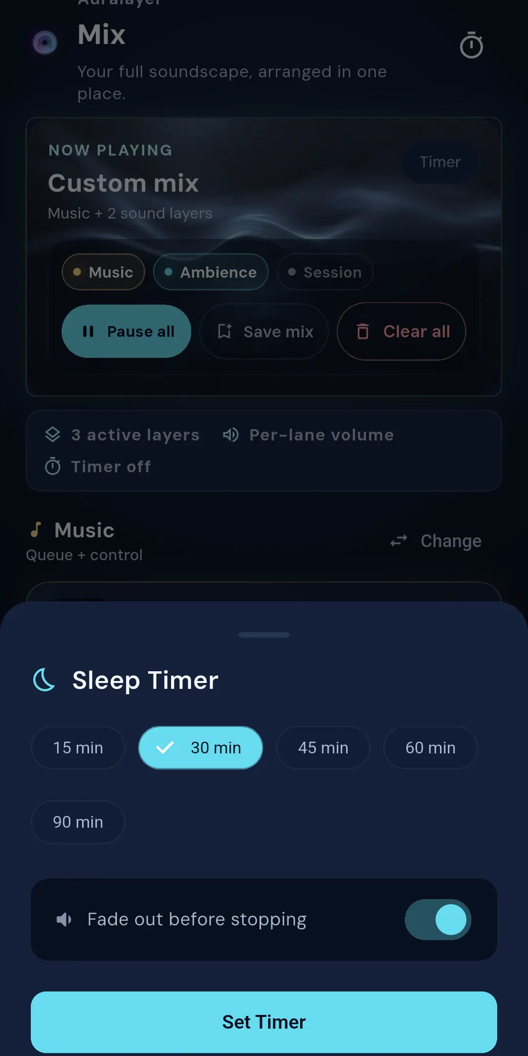 Auralayer Sleep Timer with fade-out enabled